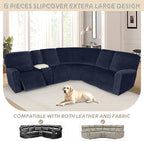 Arfntevss Sectional Recliner Couch Covers Velvet Washable Corner Sectional Sofa Cover for Reclining Stretch Soft Thick L Shape Recliner Slipcover Set (5 Seat with 1 Console Cover, Dark Blue)