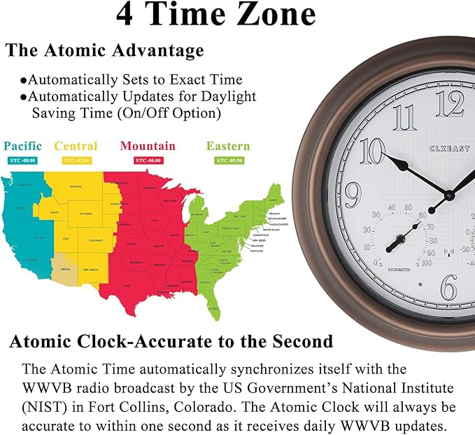 CLXEAST 18 Inch Illuminated Outdoor Indoor Atomic Analog Wall Clock with Temperature & Humidity, Lighted Outdoor Clocks for Patio Large Waterproof with Thermometer,Bronze Finish,House Warming Gifts