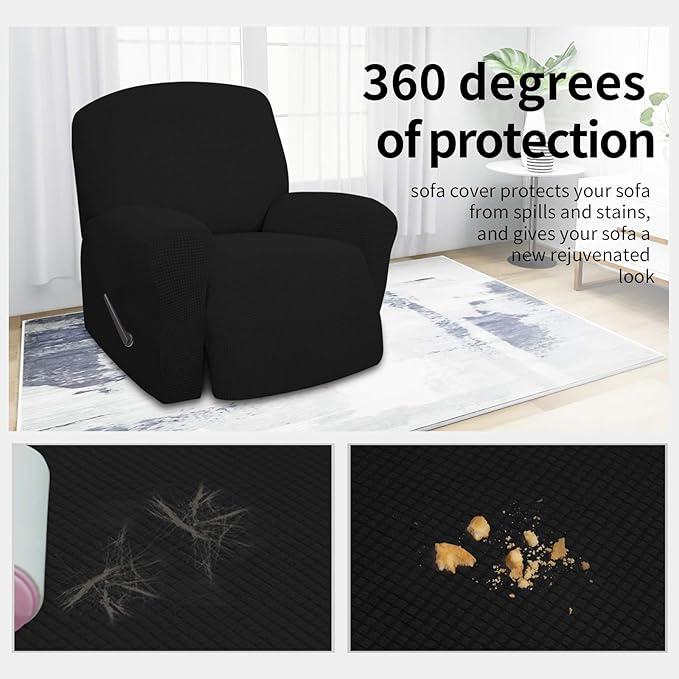 Easy-Going 4 Pieces Oversized Recliner Stretch Sofa Slipcover Sofa Cover Furniture Protector Couch Soft with Elastic Bottom Polyester Spandex Jacquard Fabric Small Checks Black X-Large
