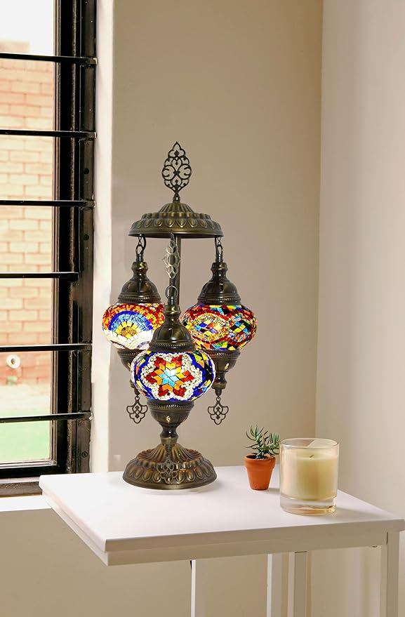 mozaist Turkish Table Lamp, Boho Lamp, 3 Globe Mosaic Desk Light, Decorative Tiffany Lampshade, Colorful Vintage Lamp for Bedroom, Living Room, Kids Room US Plug & E12 Socket, Mixed Mosaic