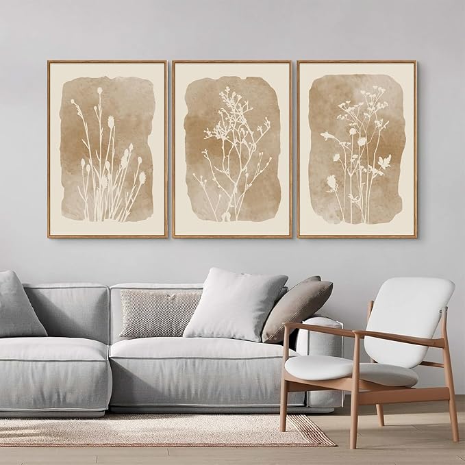 SIGNINART Boho Botanical Framed Canvas Wall Art Set, Neutral Wildflower Wall Decor, Vintage Floral Wall Painting, Art Print for Farmhouse Living Room, Bedroom, Office, Bathroom 16"x24"x3