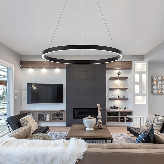 Modern Led Chandelier, 1 Ring Contemporary Led Chandelier Circular Pendant Light, Black Dimmable Hanging Ceiling Light Fixture for Living Room Dining Room Bedroom Kitchen
