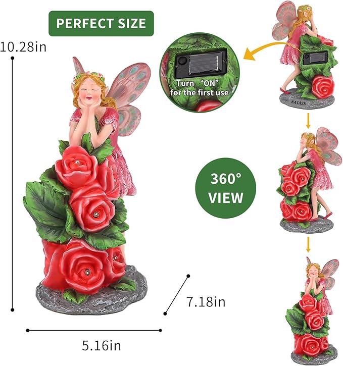 Solar Garden Outdoor Statues Cute Flower Fairy with 7 LED Solar Figurine for Lawn,Patio, Balcony, Yard Unique Housewarming Gift, for Woman, Mom, Grandma
