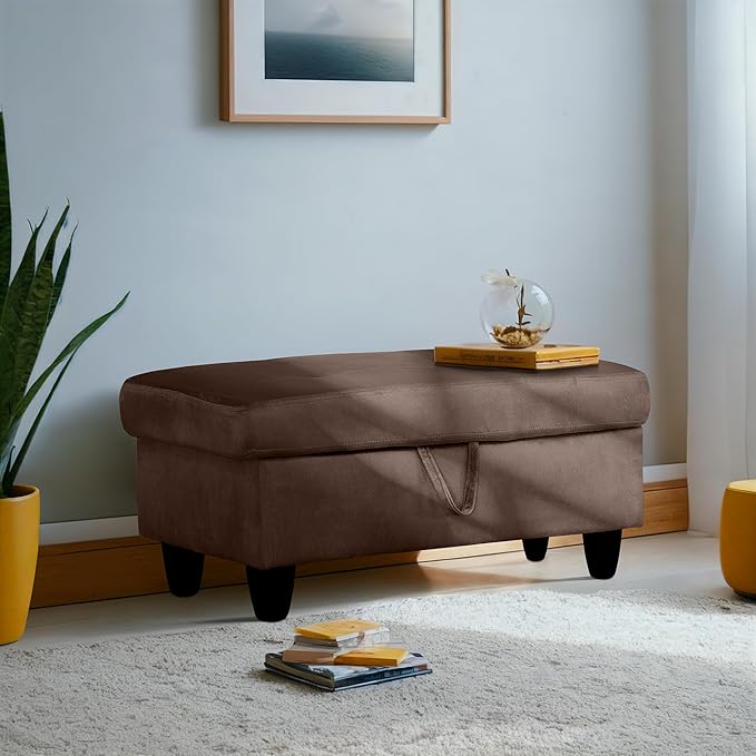 Ottoman Rectangular Storage Ottoman Bench, Flannel Footrest Stool Footstool with Lid for Living Room, Bedroom, Entryway, Chocolate, 28.5"x19"x17.5"