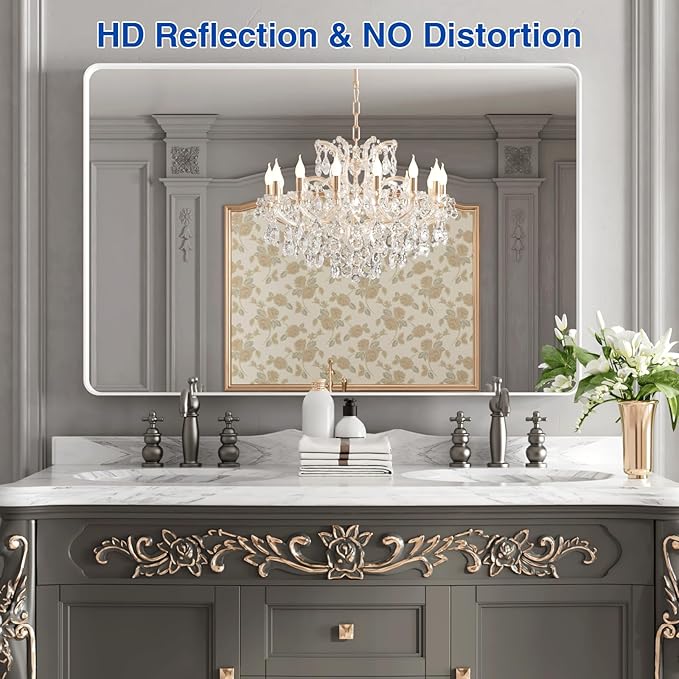 WEER White Bathroom Mirror 48X32 Inch, Rounded Rectangle White Metal Frame Mirror, Matte White Bathroom Vanity Mirror with Tempered Glass, Anti-Rust, Hangs Horizontally or Vertically