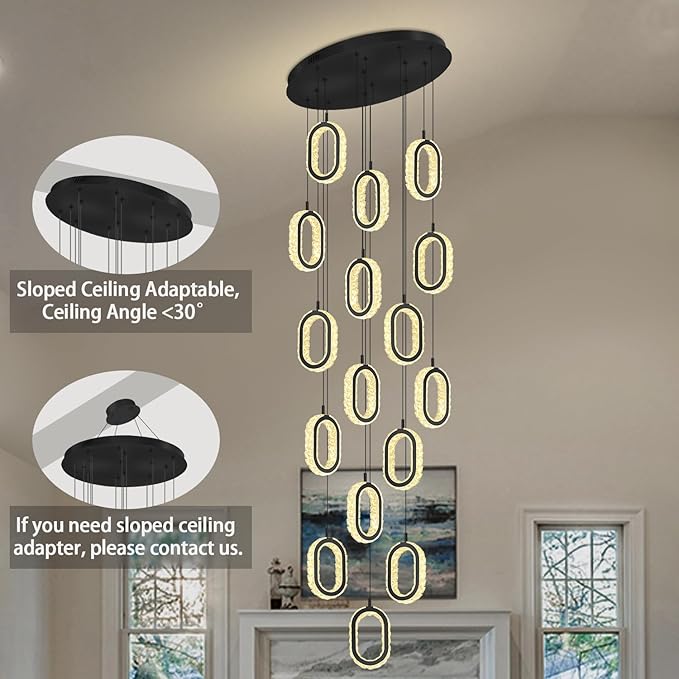 Large Crystal Chandeliers for Stairs Long Spiral Chandeliers for High Ceilings LED Crystal Ring Chandelier Dimmable 2700K-6000K 16-Light Black