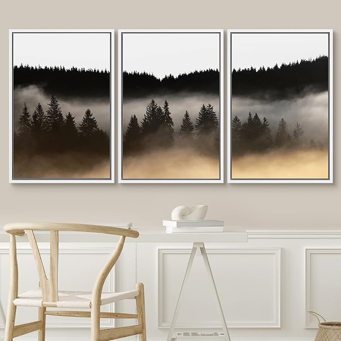 SIGNWIN Framed Canvas Print Wall Art Woodland Nursery Decor Set Misty Dark Mountain Forest Silhouette Nature Wilderness Modern Art Rustic Landscape for Living Room, Bedroom, Office - 24"x36"x3 White