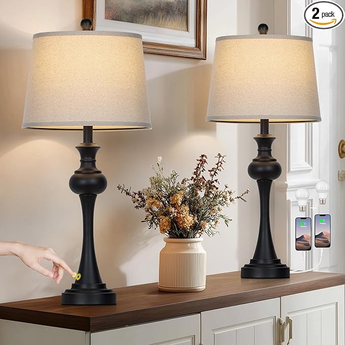 28.75" Black Table Lamps Modern 3-Way Dimmable Bedside Lamp with USB A+C Ports & AC Outlets for Living Room Bedroom Nightstand Lamp,Beige Fabric Shade Mid Century Accent Style
