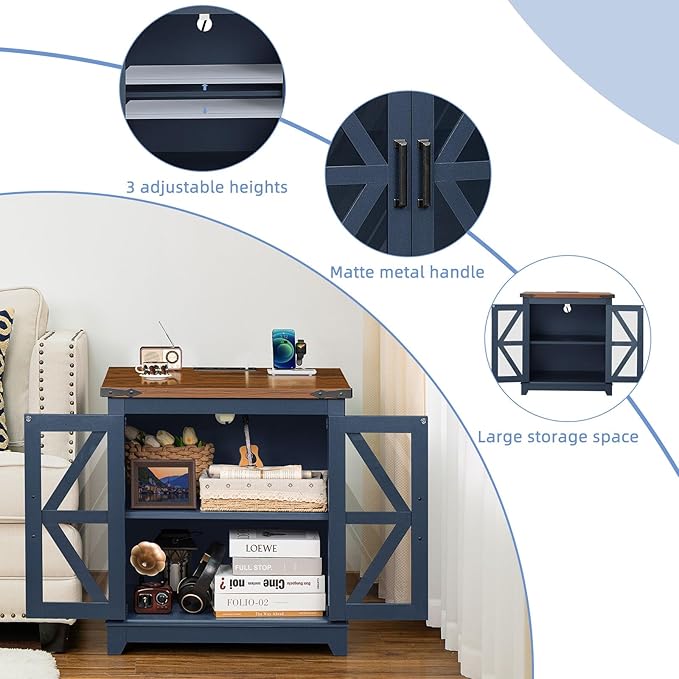 Farmhouse End Table with Charging Station Set 2, 24" Large Sofa Side Table with Glass Barn Door, Blue Nightstand with Adjustable Storage Shelf,Wood Square Bedside Table for Living Room,Bedroom