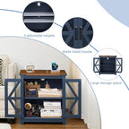 Farmhouse End Table with Charging Station Set 2, 24" Large Sofa Side Table with Glass Barn Door, Blue Nightstand with Adjustable Storage Shelf,Wood Square Bedside Table for Living Room,Bedroom