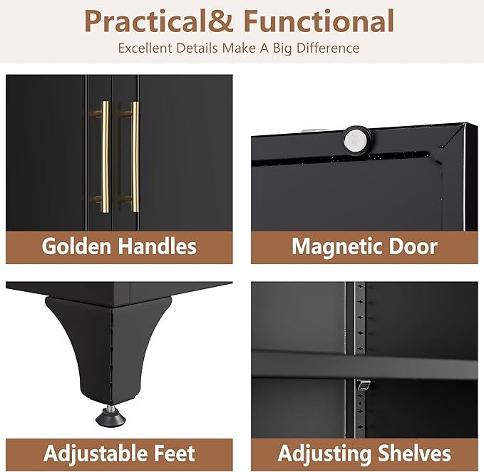 Kitchen Pantry Cabinet, 75" Tall Metal Pantry Cabinet with Two Drawers, Food Cupboards with Doors and Shelves, Freestanding Storage Cabinets for Dining, Living Room, Black, Assembly Required