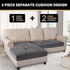 PrinceDeco Sectional Couch Covers 3 Pieces Velvet Sofa Covers L Shape Soft Couch Covers for Sectional Sofa Corner Sofa Cover Couch Cover for Dogs Washable (2 Seater + 1 Chaise,Grey)