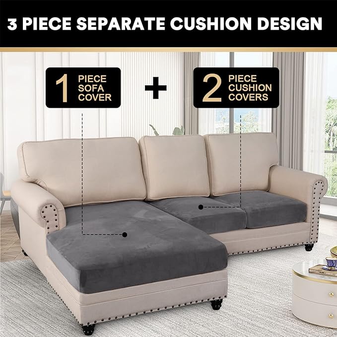 PrinceDeco Sectional Couch Covers 3 Pieces Velvet Sofa Covers L Shape Soft Couch Covers for Sectional Sofa Corner Sofa Cover Couch Cover for Dogs Washable (2 Seater + 1 Chaise,Grey)