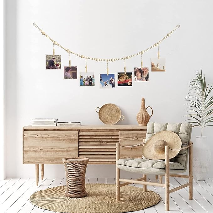 7 Feet Hanging Photo Display with Clips Boho Decor Wooden Bead Garland Birthday Photo Display Holder Frame Decoration for Dorms, Classrooms, Bedrooms