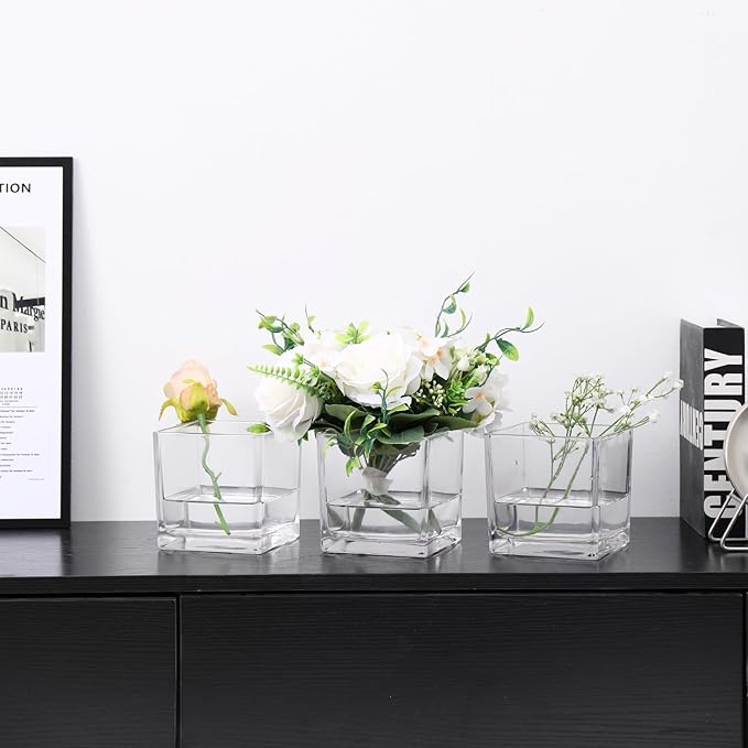 Square Glass Vases Set of 4, 5" x 5" x 5" Clear Flower Vases for Centerpieces, Square Vase for Flowers, Small Vase for Wedding, Party, Home Office Decoration