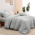 CozyLux Queen Comforter Set Light Grey Seersucker 7 Pieces Bed in a Bag Queen Comforter Set with Sheets Luxury Soft Bedding Set with Down Alternative Comforter, Sheets, Pillowcases & Shams All Seasons