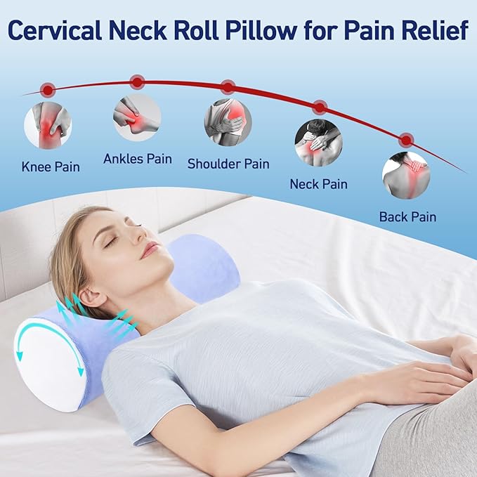 Neck Roll Pillow for Sleeping - 16 x 6.3 Inch Memory Foam Cervical Neck Pillow with Removable Cover - Multifunctional Bolster Pillow for Bed, Couch, Office, Yoga, and Travel (Blue White)