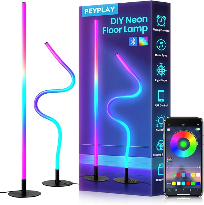 RGB LED Corner Floor Lamp, Smart Adjustable Shape, Music Sync, 16 Million DIY Colors, Remote & App Control, Modern Standing Light for Bedroom Living Room (Circular Base)