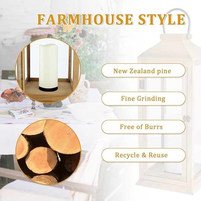 Large New Zealand Pine Lantern With Flameless Pillar Candles - IP65 Waterproof Decorative for Home Decor, Indoor Outdoor, Front Porch, Garden, Farmhouse Style
