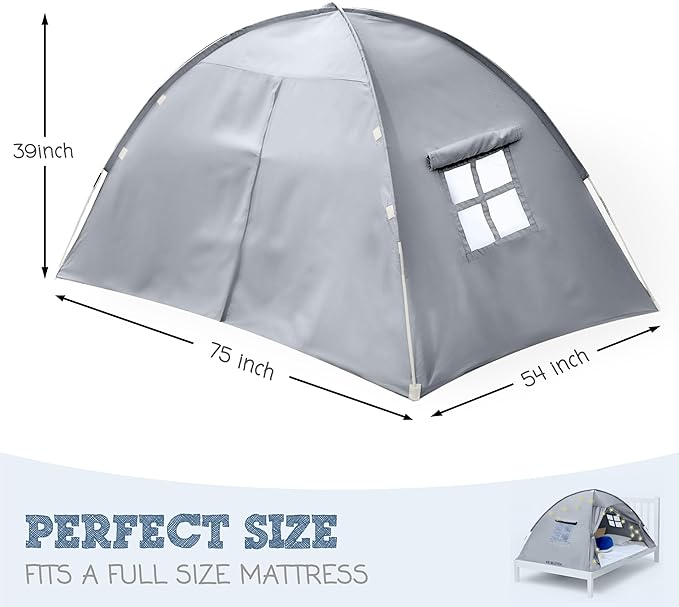 Gray Full Bed Tent for Kids Indoor Fort - Magical Dream Tents for Boys Pop Up Toddler Bed Canopy for Girls Bunk Bed Tent for Top Bunk - Sensory Sleep Pod for Kids Educational