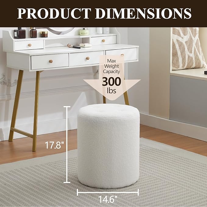 Modern Round Ottoman 2Pcs, Classic Foot Stool Ottoman, Teddy Fleece Upholstered Vanity Stool for Makeup, Bedroom, Living Room, White