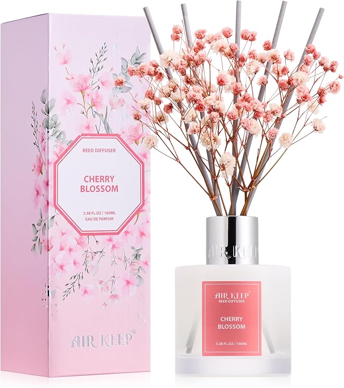 Airkeep Reed Diffuser Set, 3.38 fl oz (100 ml) - Cherry Blossom Almond Oil Diffusers with 8 Reed Sticks, Home Fragrance Reed Diffuser for Bathroom Shelf Decor