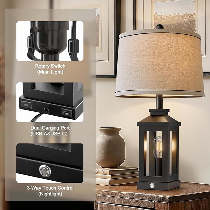 BOBOMOMO 23.75" Farmhouse Black Table Lamps Set of 2– Rustic Bedside Lamps with 3 Way Dimmable Touch Control Night Light & USB A+C Ports, Modern Lamp for Bedroom, Living Room, Entryway