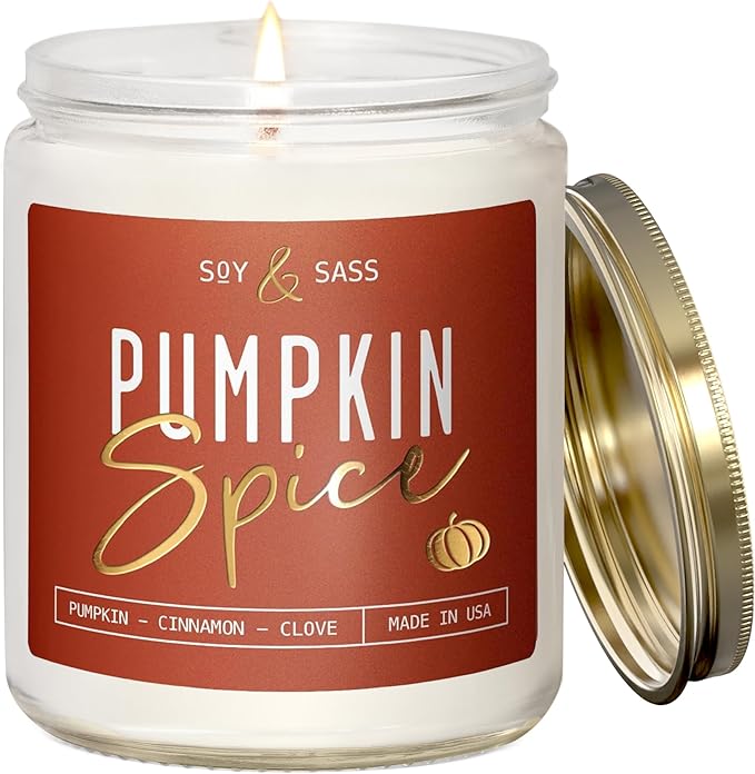Pumpkin Spice Candle, Fall Candles - 'Pumpkin Spice' Pumpkin Candle I Infused w/Essential Oils I Autumn Scented Soy Candles for Home I Fall Home Décor I 9oz Reusable Jar, 50Hr Burn, Made in USA