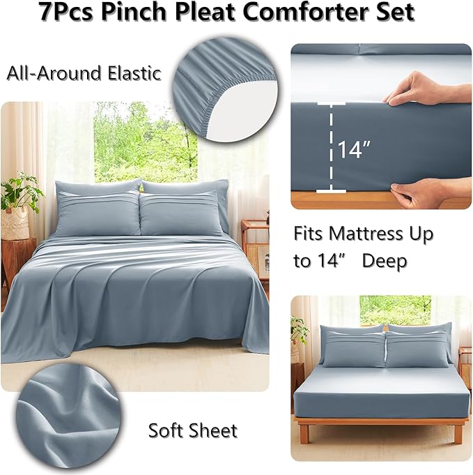 CozyLux Full Size Comforter Set Grayish Blue, 7 Pieces Soft Pinch Pleat Bed in a Bag Full Comforter Set with Sheets, Boho Bed Set with Down Alternative Comforter, Sheets, Pillowcases & Shams