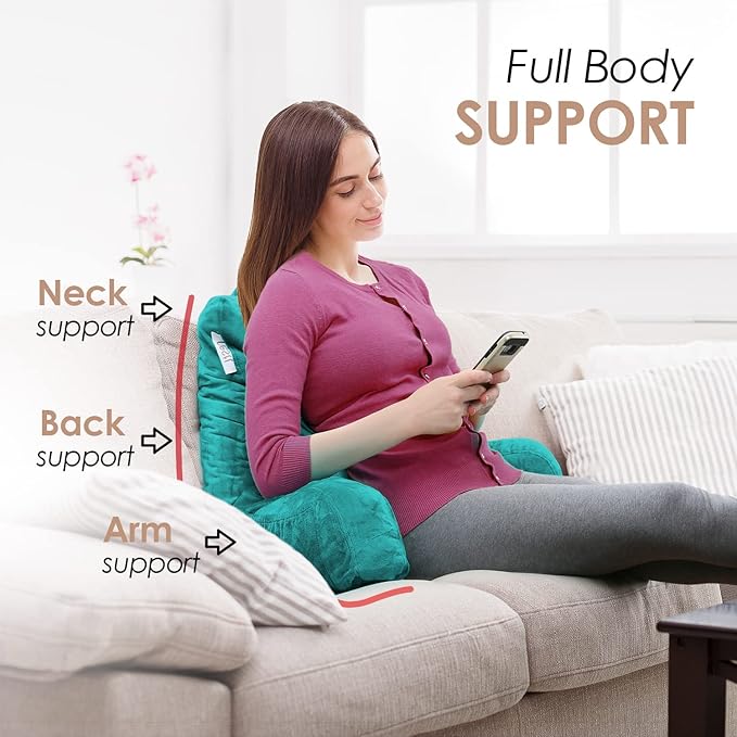 Nestl Reading Pillow Standard Bed Pillow, Back Pillow for Sitting in Bed Shredded Memory Foam Chair Pillow, Reading & Bed Rest Pillows Teal Back Pillow for Bed, Bed Chair Arm Pillow with Pockets