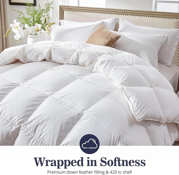 Globon Ultra-Soft Down Feather Comforter Twin Size,Luxurious Hotel Collection Duvet Insert for All Season,Noiseless Shell,700 Filling Power,Medium Weight with Corner Tabs, White