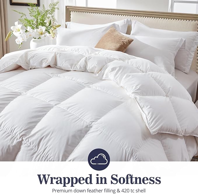 Globon Ultra-Soft Down Feather Comforter California King Size,Luxurious Fluffy Hotel Collection Duvet Insert for All Season,Noiseless Shell,700 Filling Power,Medium Weight with Corner Tabs,White