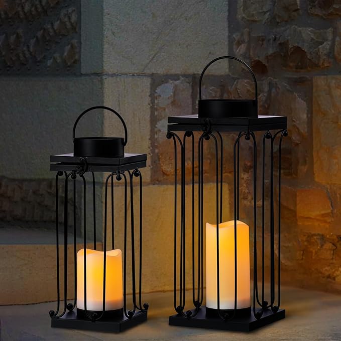 Solar Lantern Decorative Outdoor Set of 2 (18’’ & 15’’) Modern Black Metal Lanterns with Solar Candles, Decorative Candle Lanterns for Outdoor Porch, Patio, Garden, Yard Decor