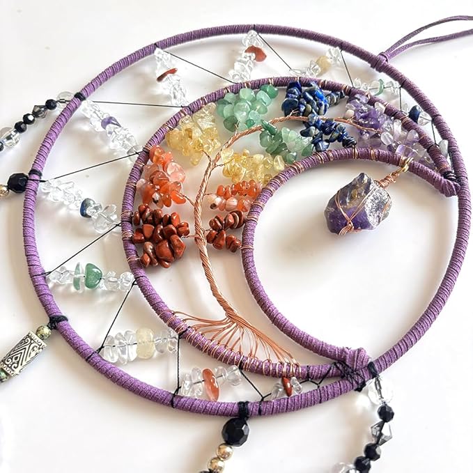 7 Chakras Dream Catchers Moon Tree of Life Dream Catcher Violet Feather Dreamcatcher Wall Decor with Rainbow Healing Crystal Stone Wall Art Hanging for Bedroom Home Decor Bless Gift Wedding Party