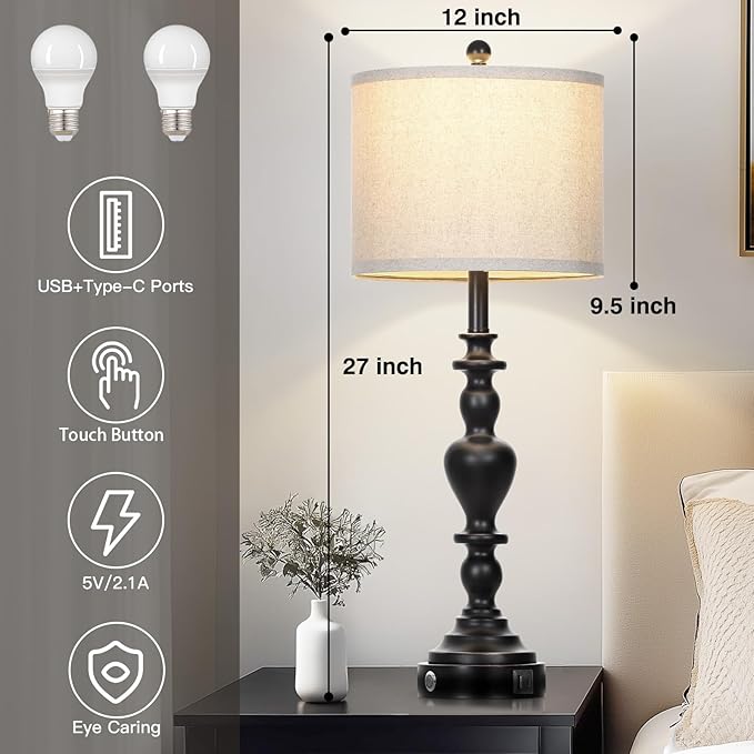 27" Vintage Table Lamps for Living Room Set of 2, Farmhouse Rustic Nightstand Lamps with USB C+A Ports, 3-Way Dimmable Bedside Lamp for Bedrooms Office Dorm, 2 LED Bulbs Included Washed Antique Black
