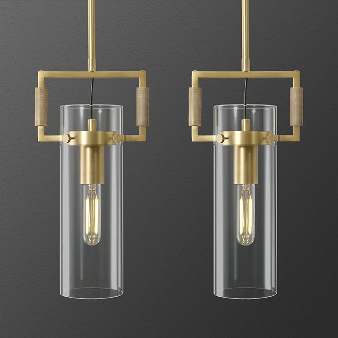 Brass Pendant Lights Kitchen Island, Modern Gold Pendant Lights 2 Pack,12Inch Glass Knurled Kitchen Pendant Lighting Over Island,Farmhouse Island Lights For Kitchen Sink,Bathroom,Bedroom,Dinning Table