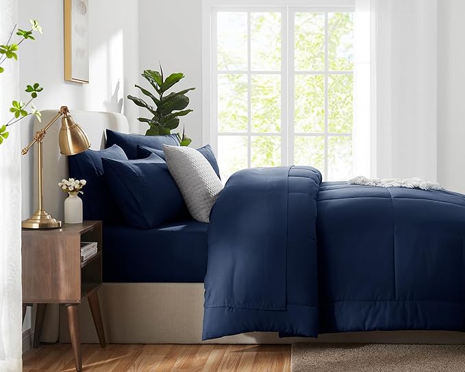 CozyLux Full Size Comforter Sets Navy Blue, 7 Pieces Bed in a Bag, Navy Comforter Full Size, All Season Bedding Sets with Stitch Quilted Comforter, Flat Sheet, Fitted Sheet, Pillowcases