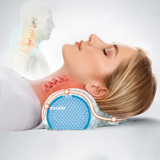 Cervical Neck Pillow: Designed to help alleviate neck discomfort. This neck pillow for sleeping can be used as a cervical traction device, for neck support and shoulder relaxation.. (Blue White)