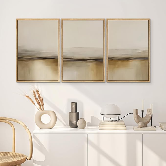 SIGNWIN Framed Canvas Print Wall Art Warm Neutral Horizon Abstract Beige and Brown Landscape Photography Modern Art Minimalist Black and White for Living Room, Bedroom, Office - 24"x36"x3 Natural