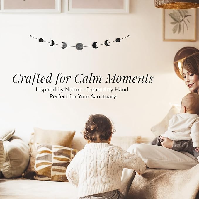 BASE ROOTS Moon Phase, Black Wall Decor for Bedroom & Living Room, Bohemian Wall Decor, Handmade Hammered Metal 34" 7 Phases Moon, Celestial Wall Art, Gift for Women & Kids