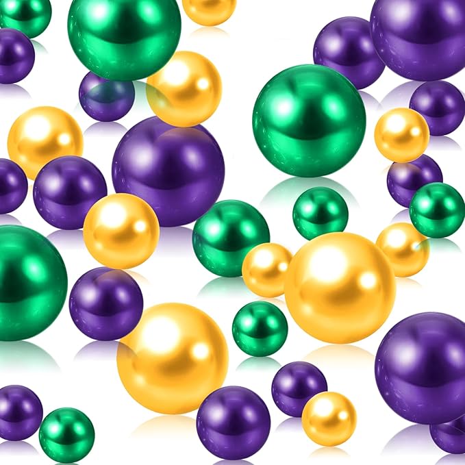 Mardi Gras Vase Filler | 150PCS Pearls Bead for Centerpieces Vases | 8/14/20 mm No Hole Beads, Fake Pearls for Wedding Birthday Theme Party Table Centerpieces Decor Decor