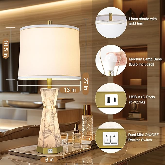Natural Alabaster Table Lamp,Living Room Lamps Set of 2,Nightstand Lamp with Night Light,Lamps for Living Room With Linen Fabric Shade,Bedside Lamp with Usb A+C Ports for Bedroom,Hotel(Bulb Included)