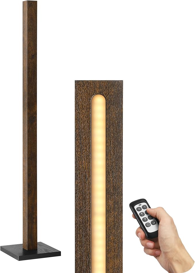 EDISHINE Wooden LED Corner Floor Lamp, Modern Standing Light with Remote, Minimalist Dimmable Floor Lamps for Living Room, Bedroom, Office, 7 Color Temperature 2700~6000K, 48.43"