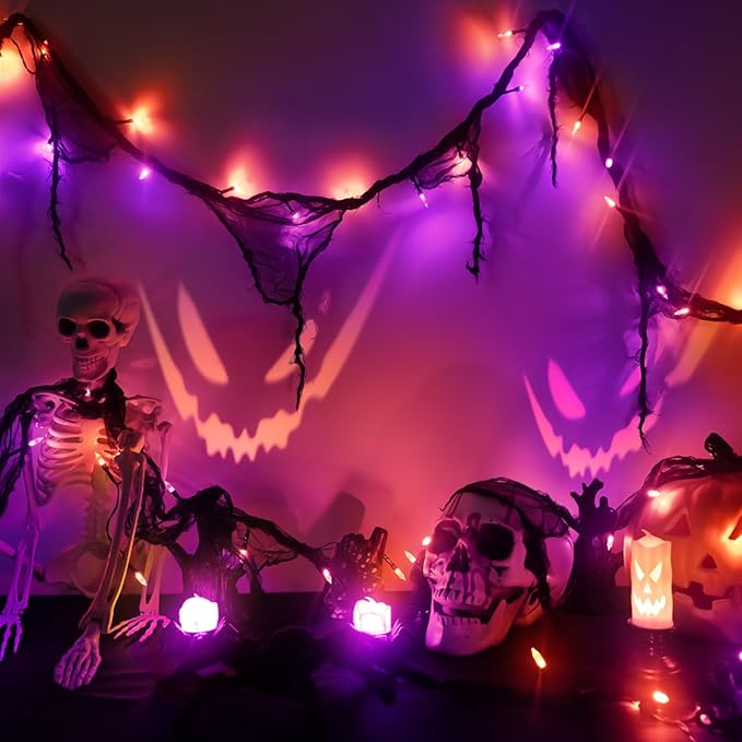 Halloween Horror Atmosphere Lights, Orange&Purple LED String Lights with 9.9FT Creepy Black Gauze, Battery Powered with Timer & 8 Flashing Modes (2 Pack Orange & Purple)