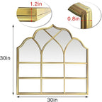 Window Mirror Pane Scalloped, Wide Arched Gold Mirrors Decorative, Cathedral Arch Wall Decor with Metal Windowpane Grid for Mantle Entryway Fireplace Hallway Living Room
