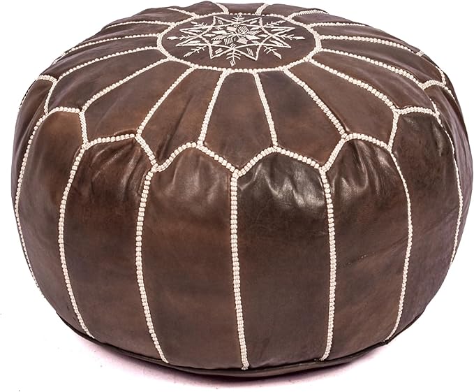 Handmade Moroccan Genuine Leather Pouf Ottoman Cover – Unstuffed Foot Stool Ottoman, Boho Foot Rest Under Desk, Round Ottoman for Living Room, Bedroom - Housewarming Gifts New Home, Weddings Gifts