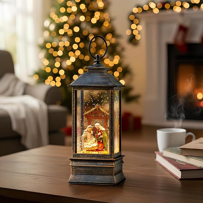 10'' Musical Snow Globe Lantern Lighted Nativity Manger Scene Water Lantern Swirling Glittering Home Decoration and Gift, Battery Operated or USB Powered