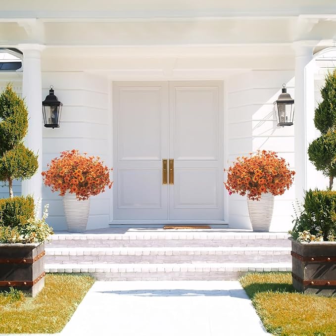 16 Bundles Artificial Fall Flowers for Outdoors Fake Plants UV Resistant Plastic Plants Shrubs Bushes for Home Fall Front Door Porch Garden Autumn Decor (Fall Red)