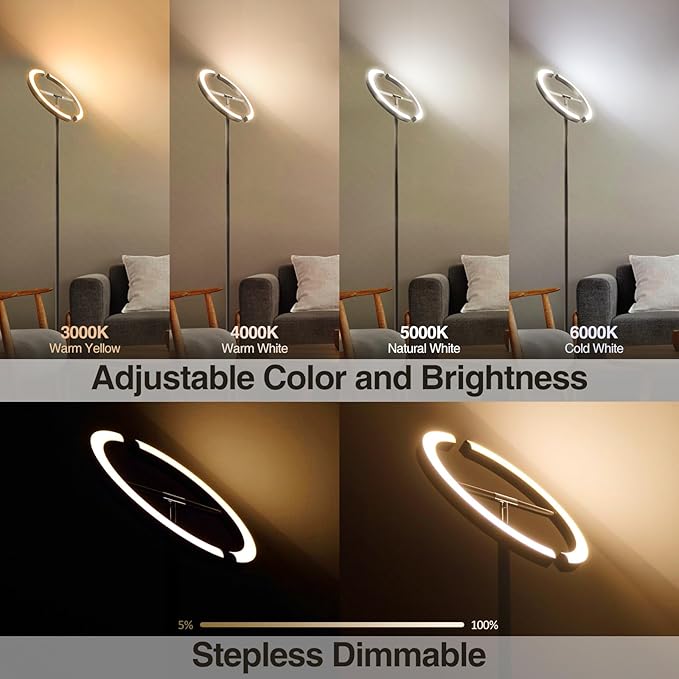 FIMEI Split Floor Lamp Modern LED Rotatable Floor Lamp, Eye-Protection Reading Standing Lamp with Stepless Dimming and 3000K-6000K Color, Separately Rotatable Design, Gray