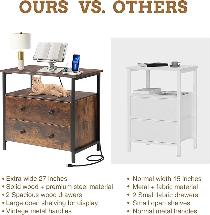 27 inch Wide Night Stand with Charging Station, Bedside Table with Open Shelf, 2 Drawers Small Wood Dresser, Modern Wood Nightstand for Bedroom/Living Room (Rustic Brown)